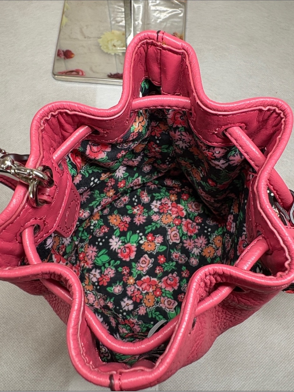 Coach Pebbled Leather Drawstring Mini Bucket Bag with 4 Leather Tea Roses - Picture 4 of 11